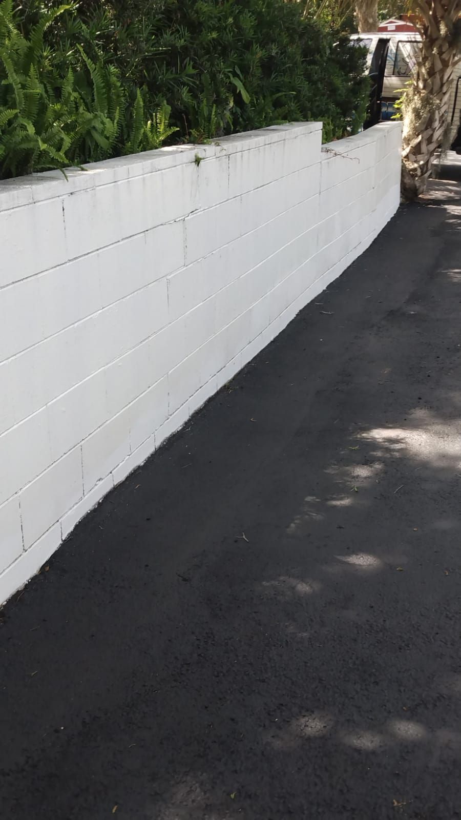 White block wall beside a narrow asphalt driveway with greenery along the top edge