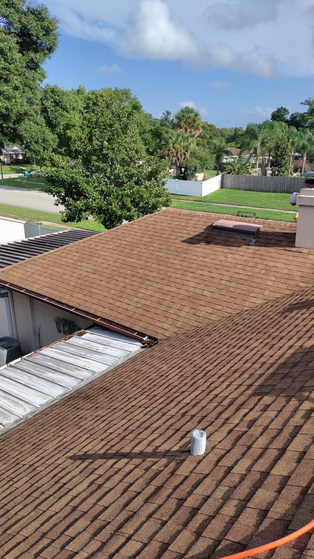 Rooftops with brown shingles beside leafy trees under a blue sky.