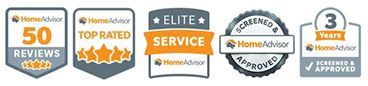 Award badges for HomeAdvisor reviews, top rated, elite service, screened and approved