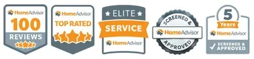 Five HomeAdvisor award badges: 100 Reviews, Top Rated, Elite Service, 5 Years Five HomeAdvisor award badges: 100 Reviews, Top Rated, Elite Service, 5 Years