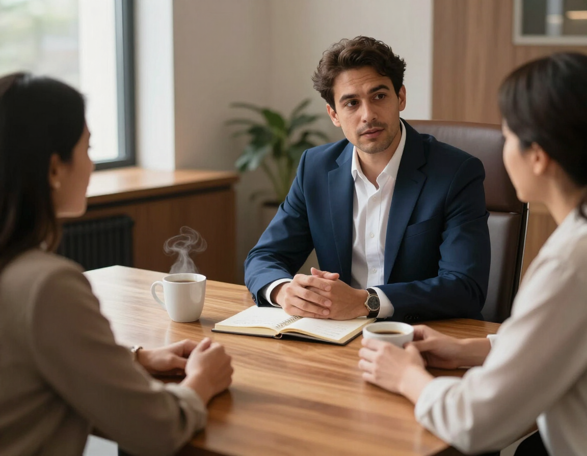 Consultant talking with parents at a table