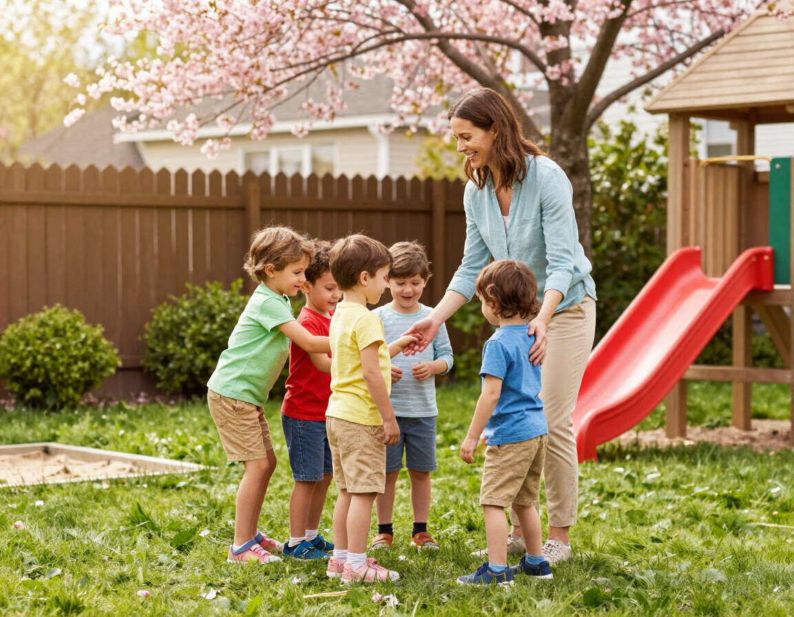 Nanny playing outdoors with children