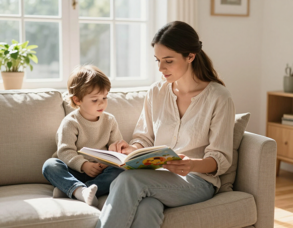 Nanny reading with a child in a bright living room