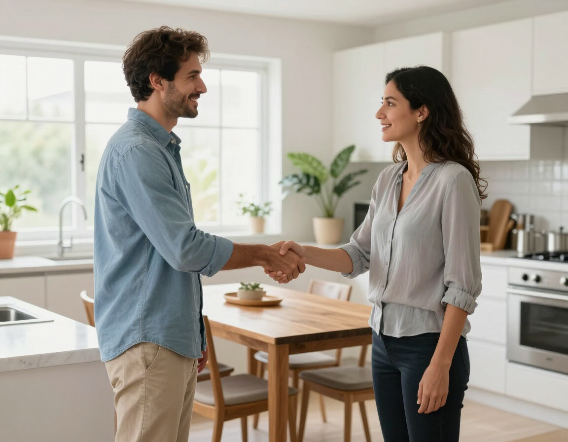 Parent and nanny candidate shaking hands in a bright kitchen
