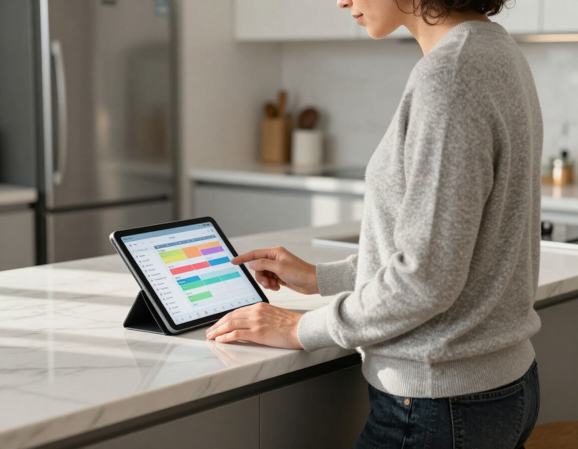 Parent checking scheduling app on tablet
