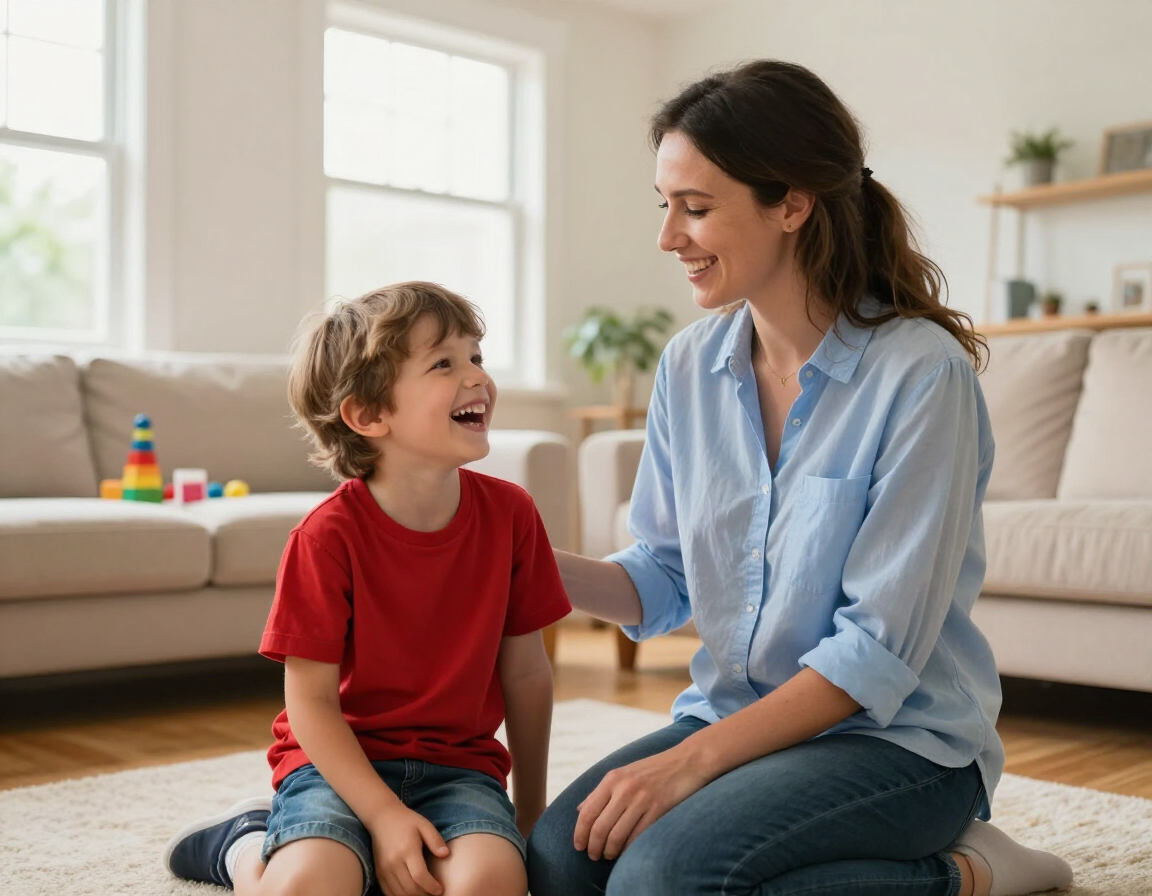 Babysitter and child laughing together