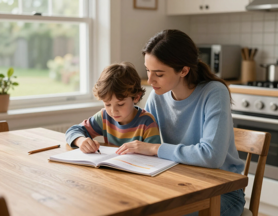 Babysitter helping child with homework