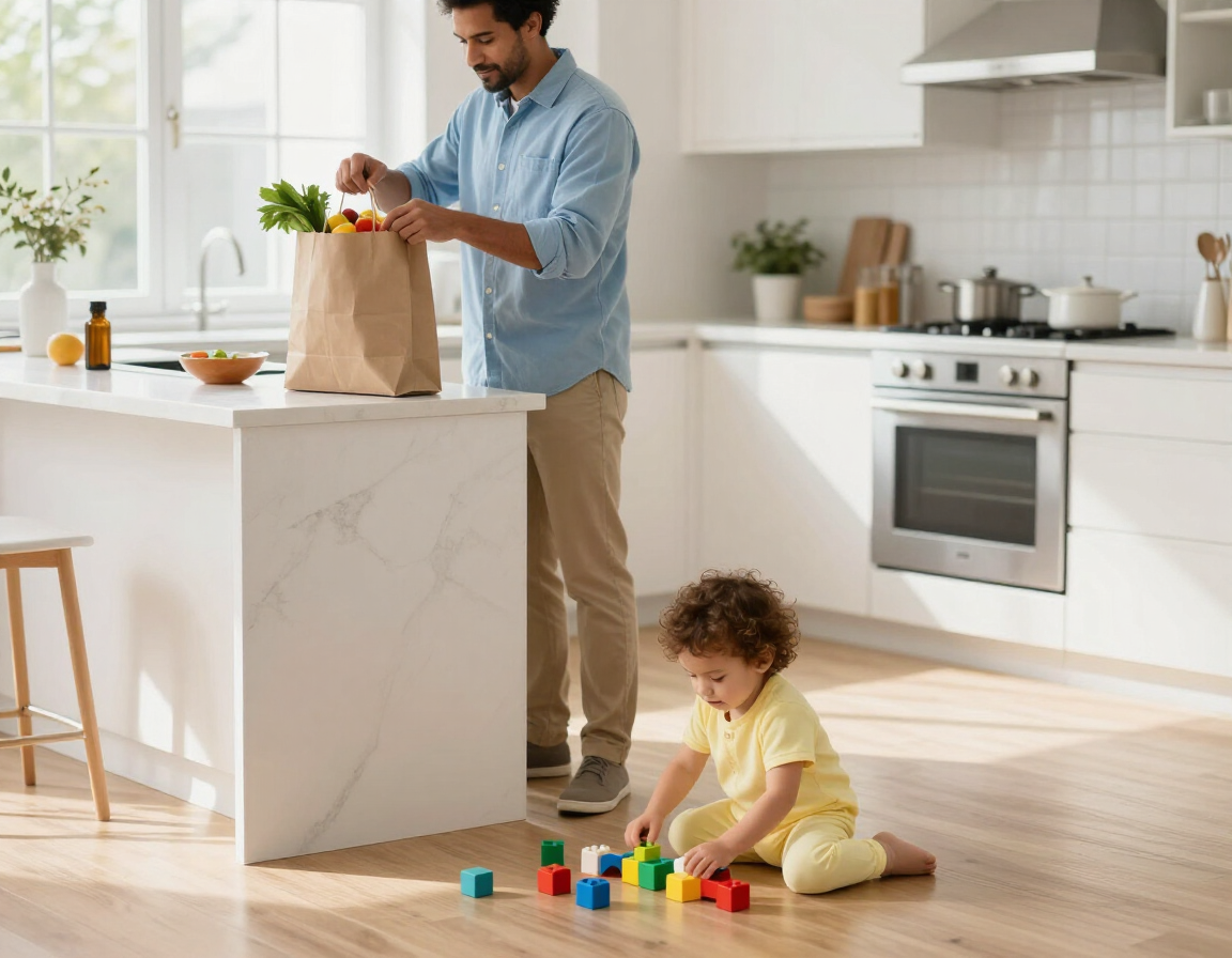 Family assistant unloading groceries while a toddler plays nearby