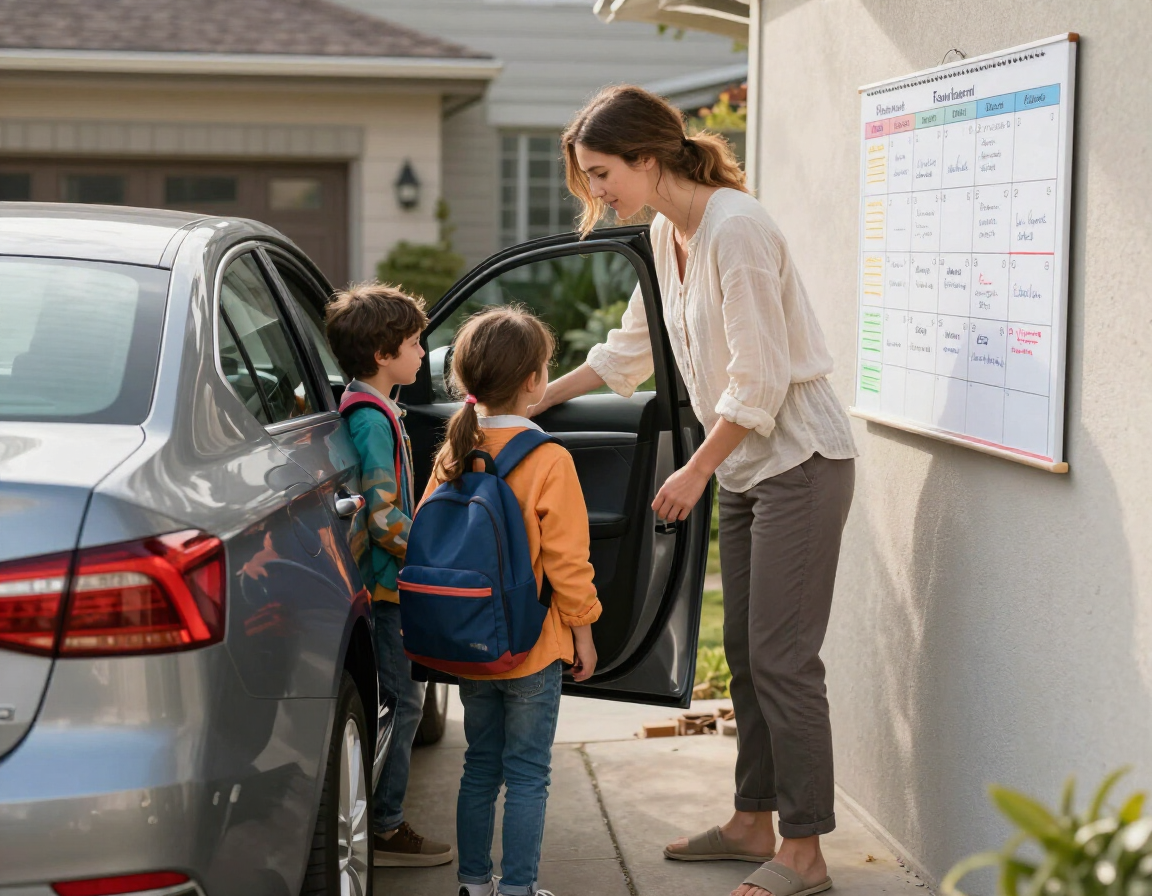 Family assistant helping load kids into a car for school