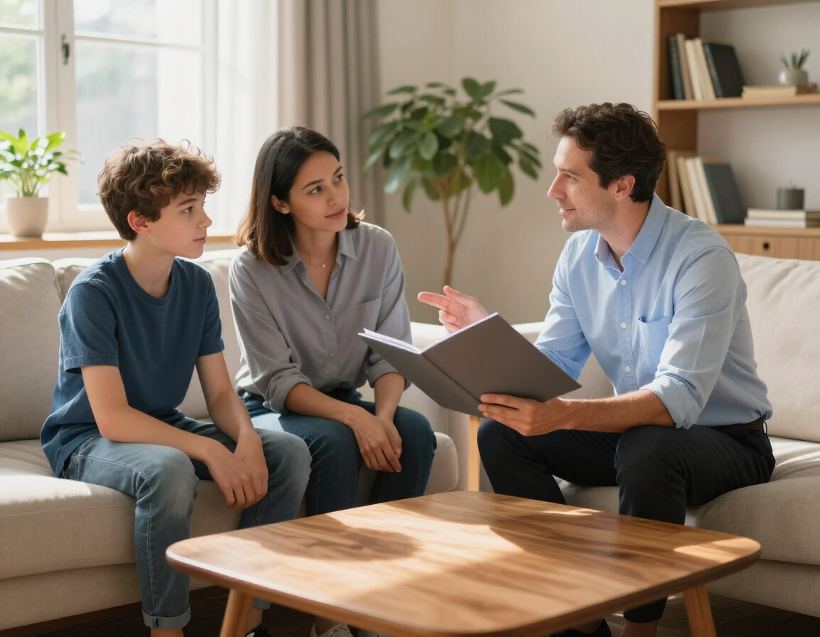 Family assistant reviewing a folder with a family