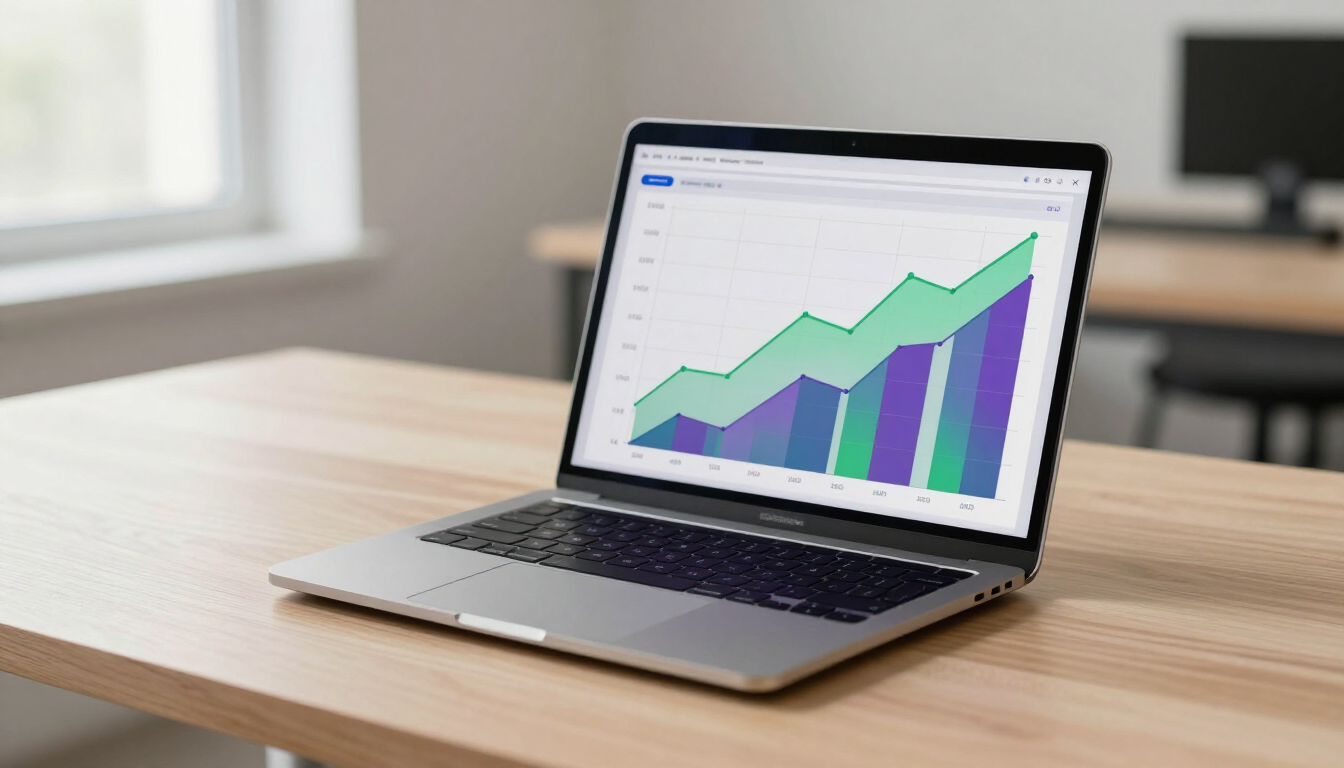 Laptop displaying analytics dashboard with upward-trending graphs