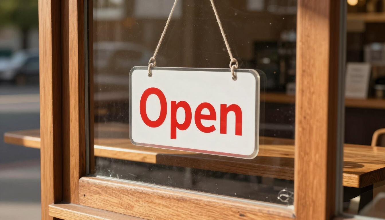 Small business storefront with Open sign in morning light