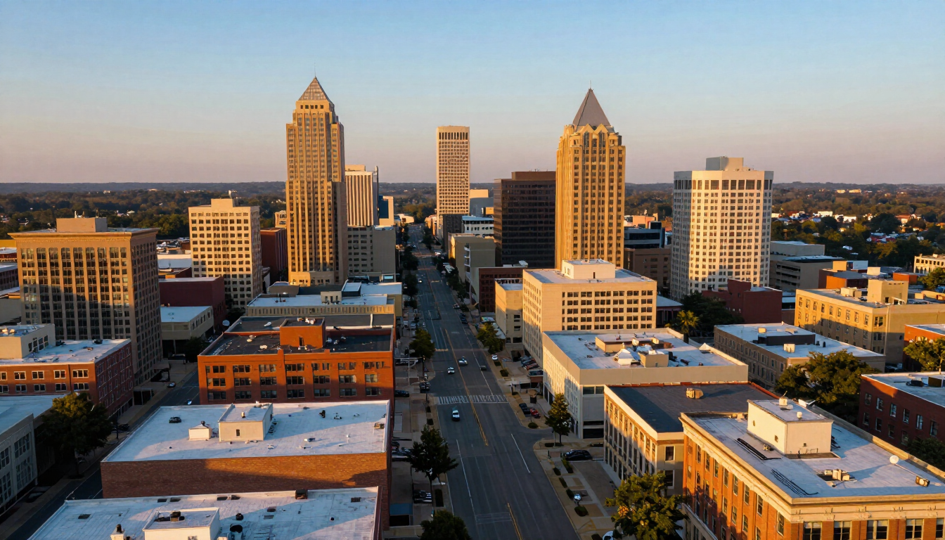 Aerial view of downtown Winston-Salem NC in golden hour light
