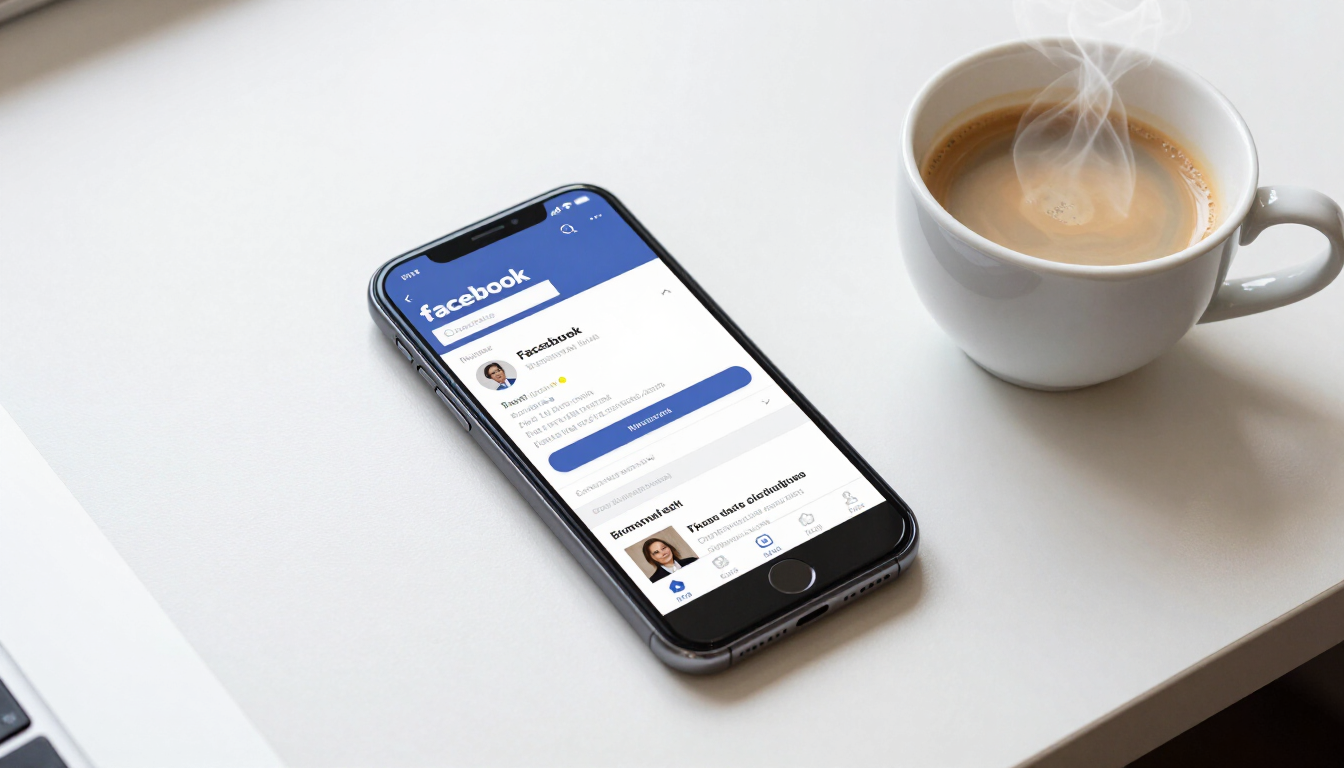 Smartphone showing Facebook business page on white desk with coffee