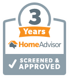 HomeAdvisor badge: 3 years screened and approved. Orange and gray with checkmark.