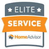 HomeAdvisor Elite Service badge, gray and orange, with text