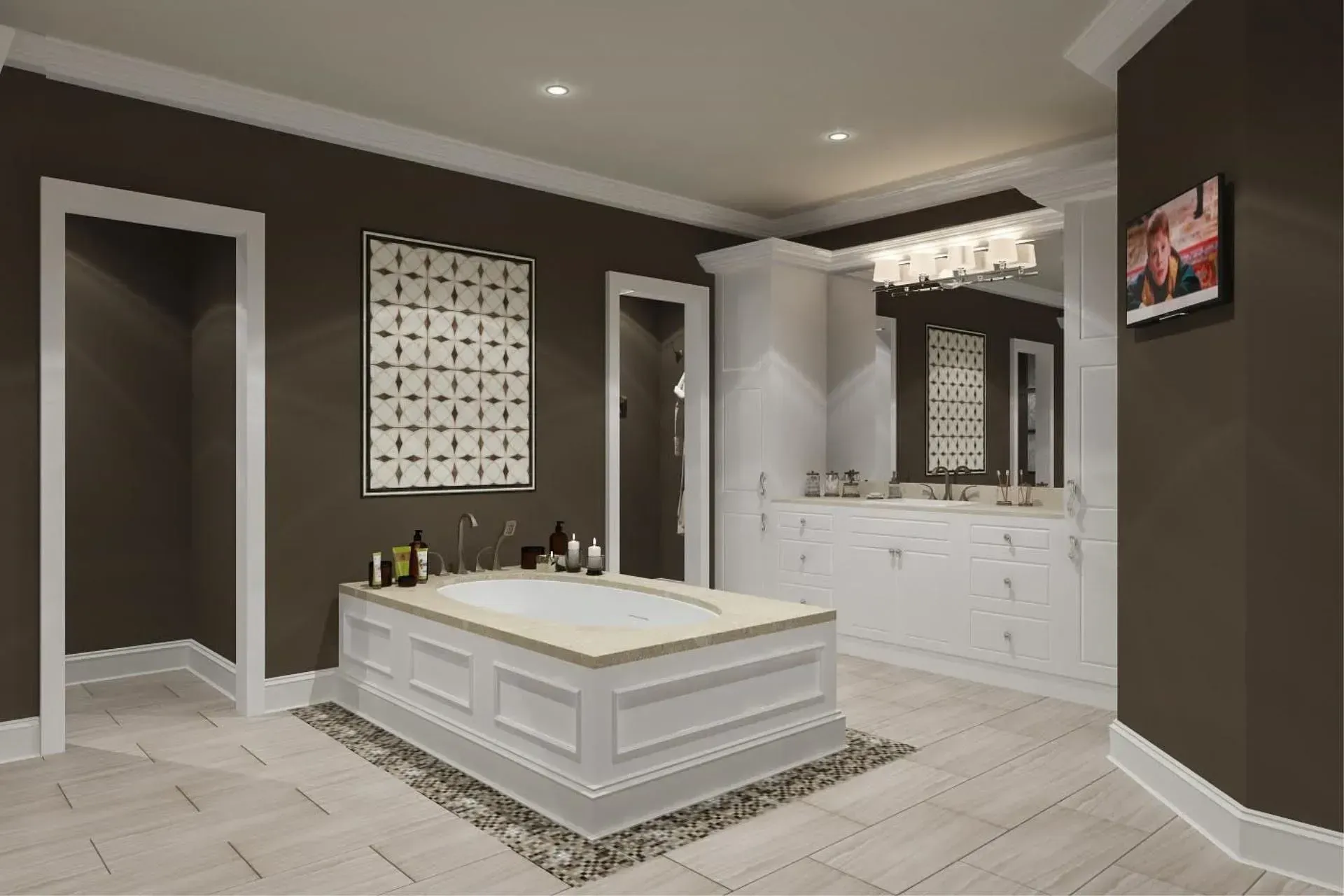 Elegant bathroom with a white soaking tub, dark brown walls, and white trim.