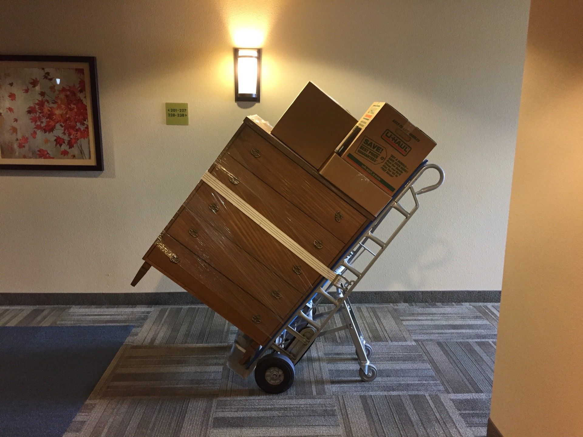 Hand truck loaded with cardboard boxes in a hallway; wall with art and light fixture.