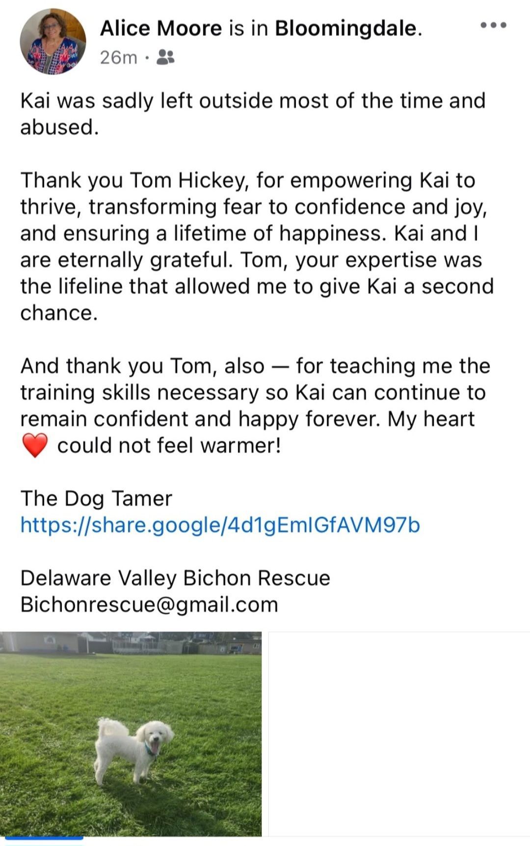 Facebook post announcing Kai the dog’s death, with a small white dog photo and memorial message.