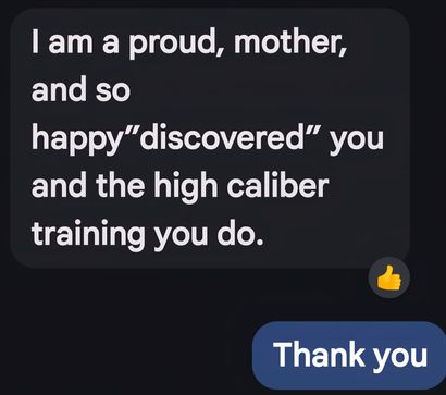 Chat screenshot with a message praising “high caliber training” and a blue “Thank you” reply