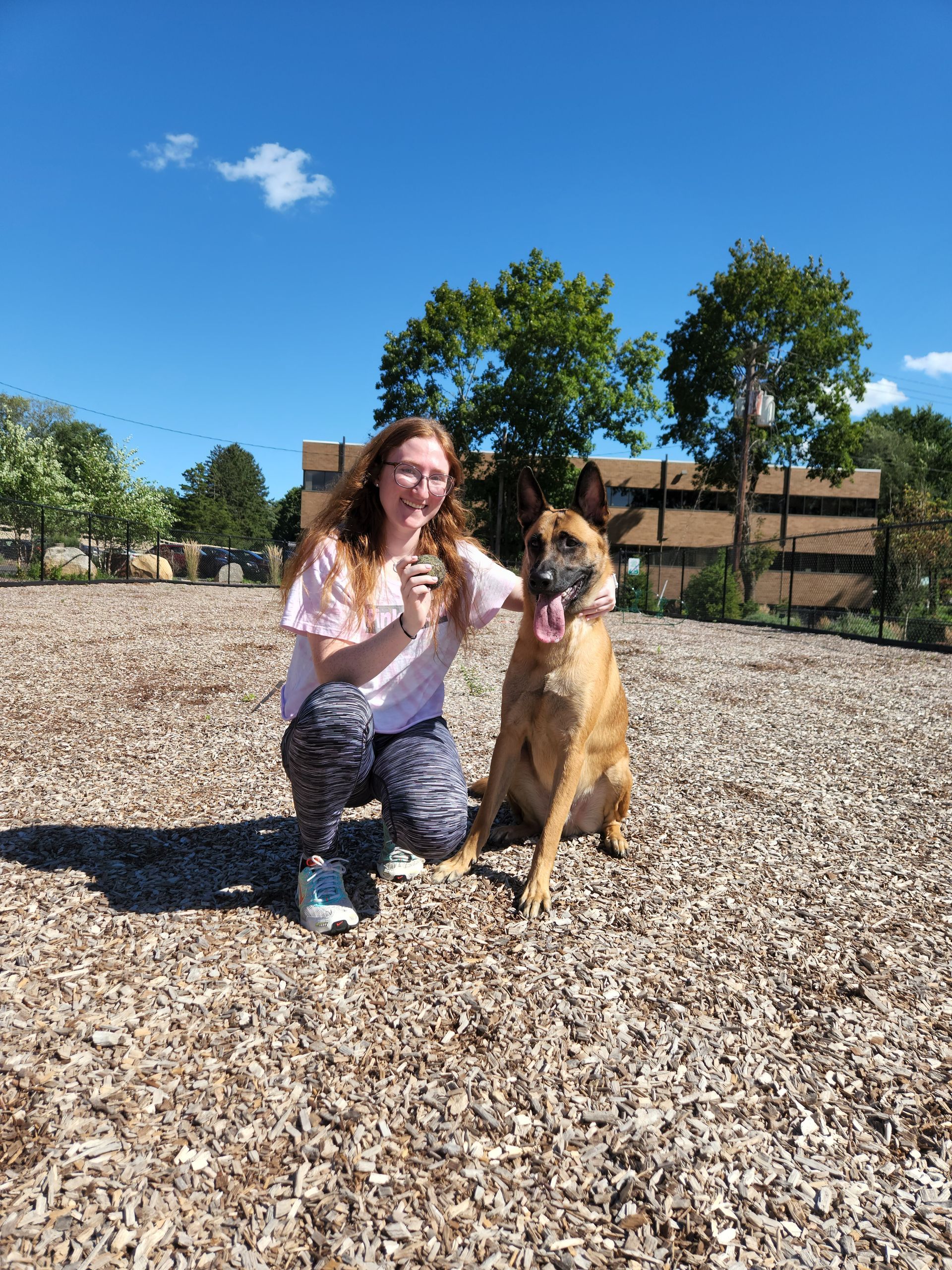 Woman kneeling beside a tan dog on wood chips under a bright blue sky