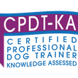 CPDT-KA certified professional dog trainer knowledge assessed logo in purple, blue, and white