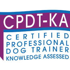 CPDT-KA certified professional dog trainer knowledge assessed logo in purple, blue, and white