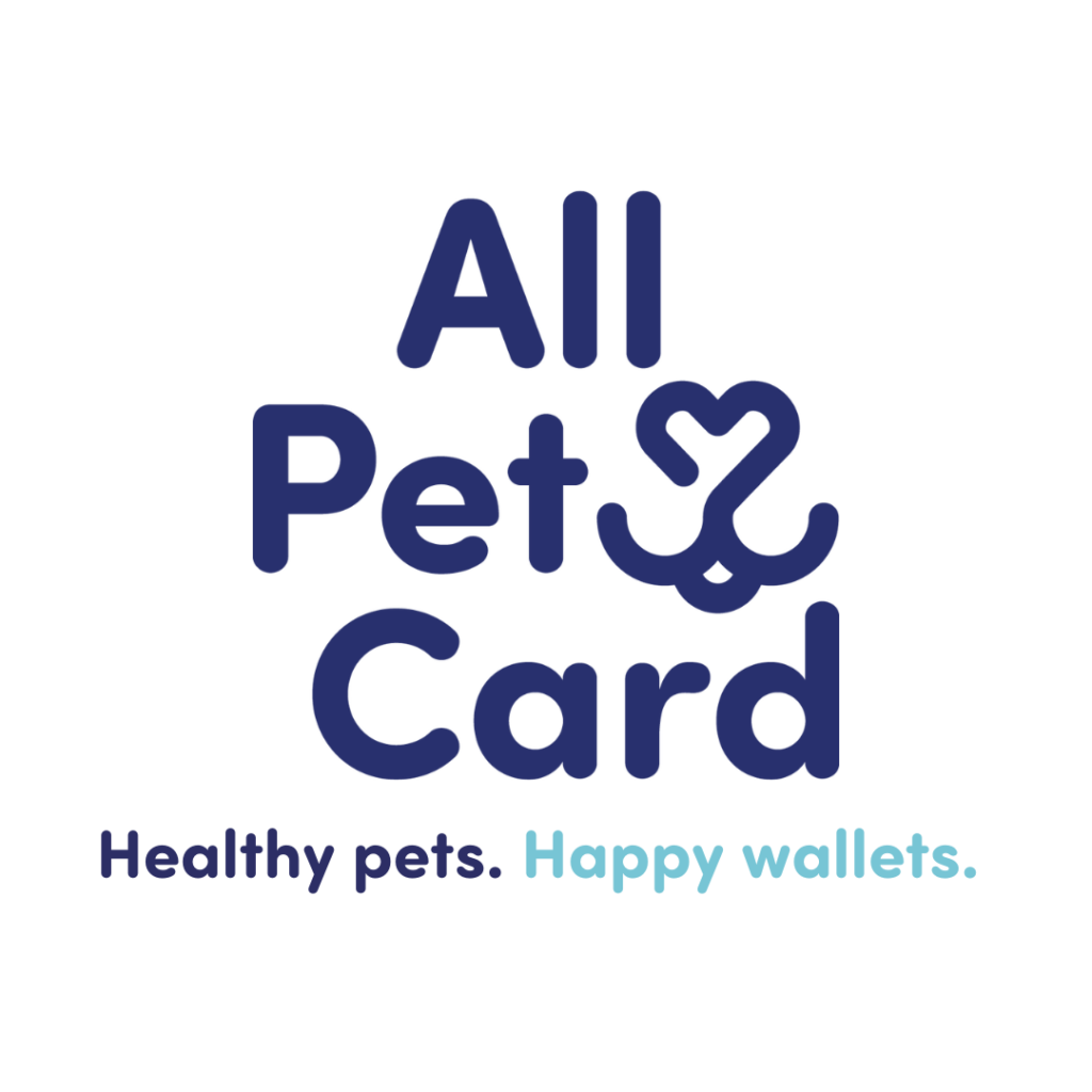 All Pet Card logo with blue text and heart-paw icon; tagline reads “Healthy pets. Happy wallets.”