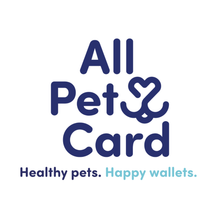 All Pet Card logo with blue text and heart-paw icon; tagline reads “Healthy pets. Happy wallets.”