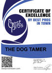 Certificate of Excellence for “The Dog Tamer” from Best Pros in Town, with blue and white design and logo