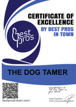 Certificate of Excellence for “The Dog Tamer” from Best Pros in Town, with blue and white design and logo