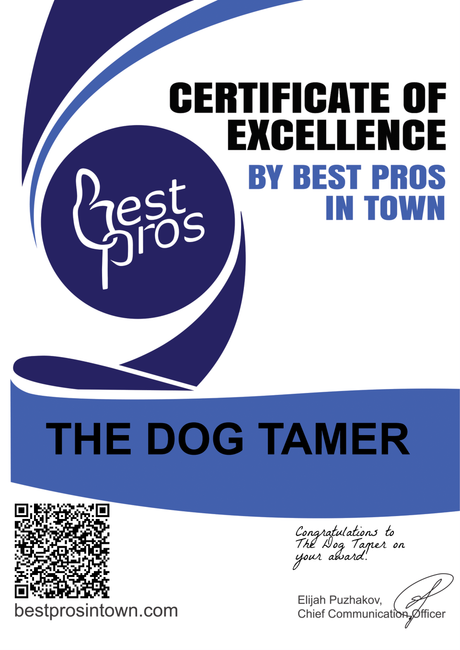 Certificate of Excellence for “The Dog Tamer” from Best Pros in Town, with blue and white design and logo