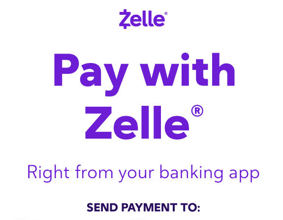 Zelle payment screen with purple logo and text “Pay with Zelle” and “Right from your banking app”