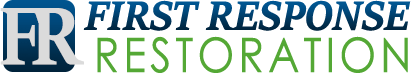 First Response Restoration logo with blue and green text and FR monogram