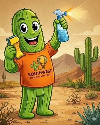 Smiling cartoon cactus mascot in an orange Southwest shirt spraying itself in a desert scene