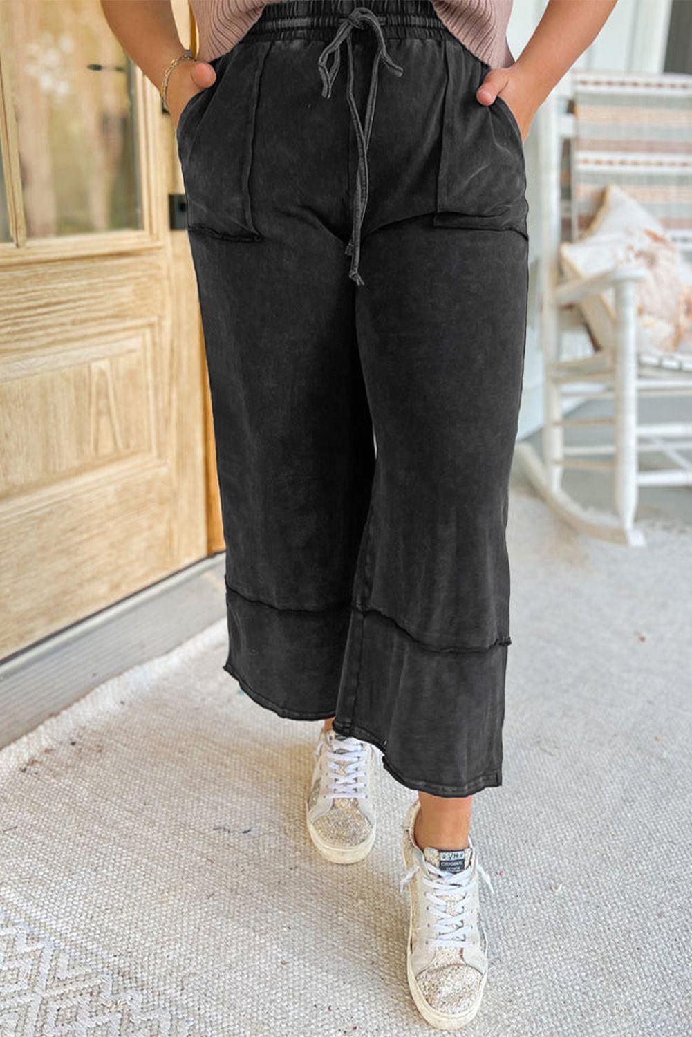 Black Mineral Wash Cropped Pants
