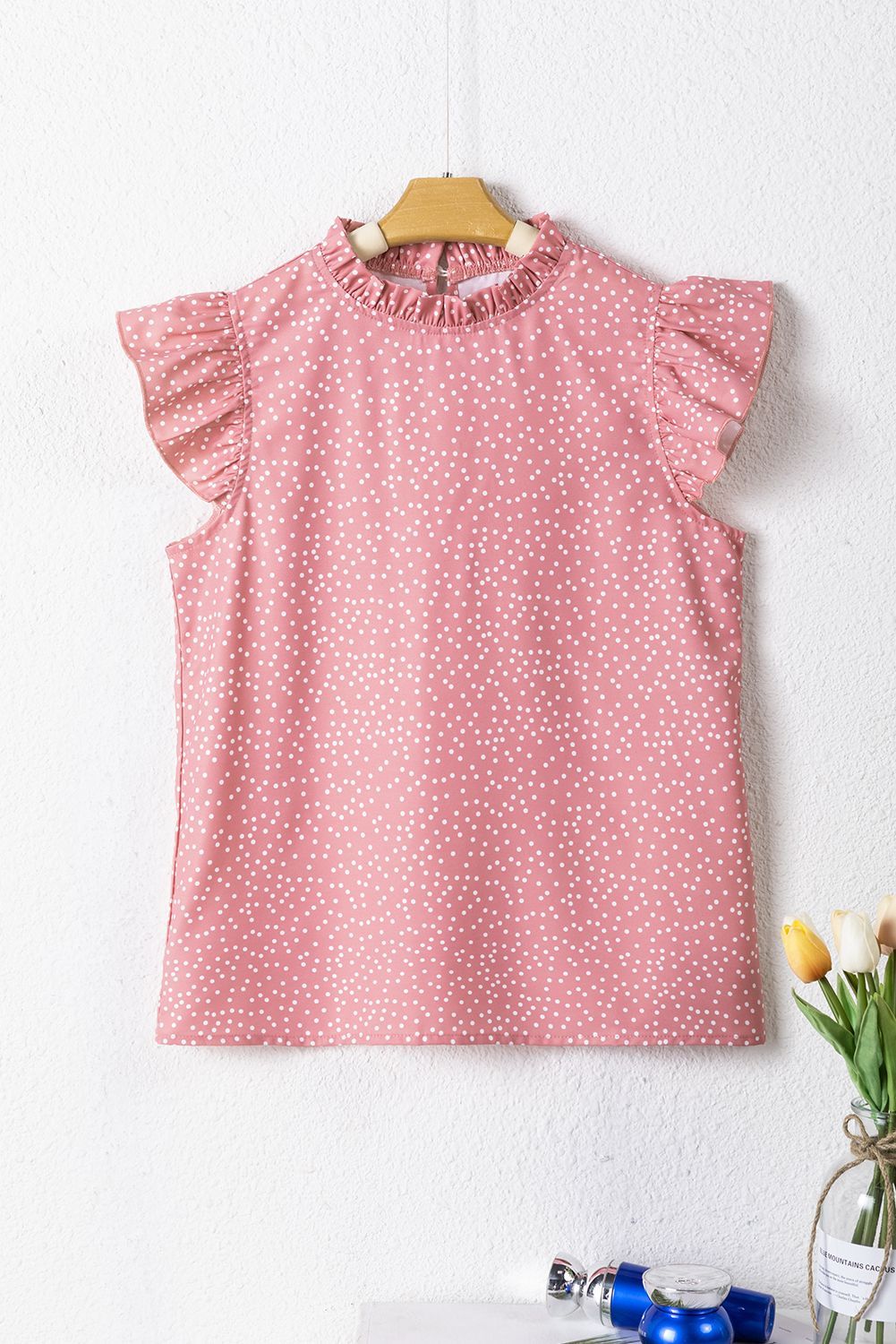 Pink Polka Dot Ruffle Sleeve Blouse