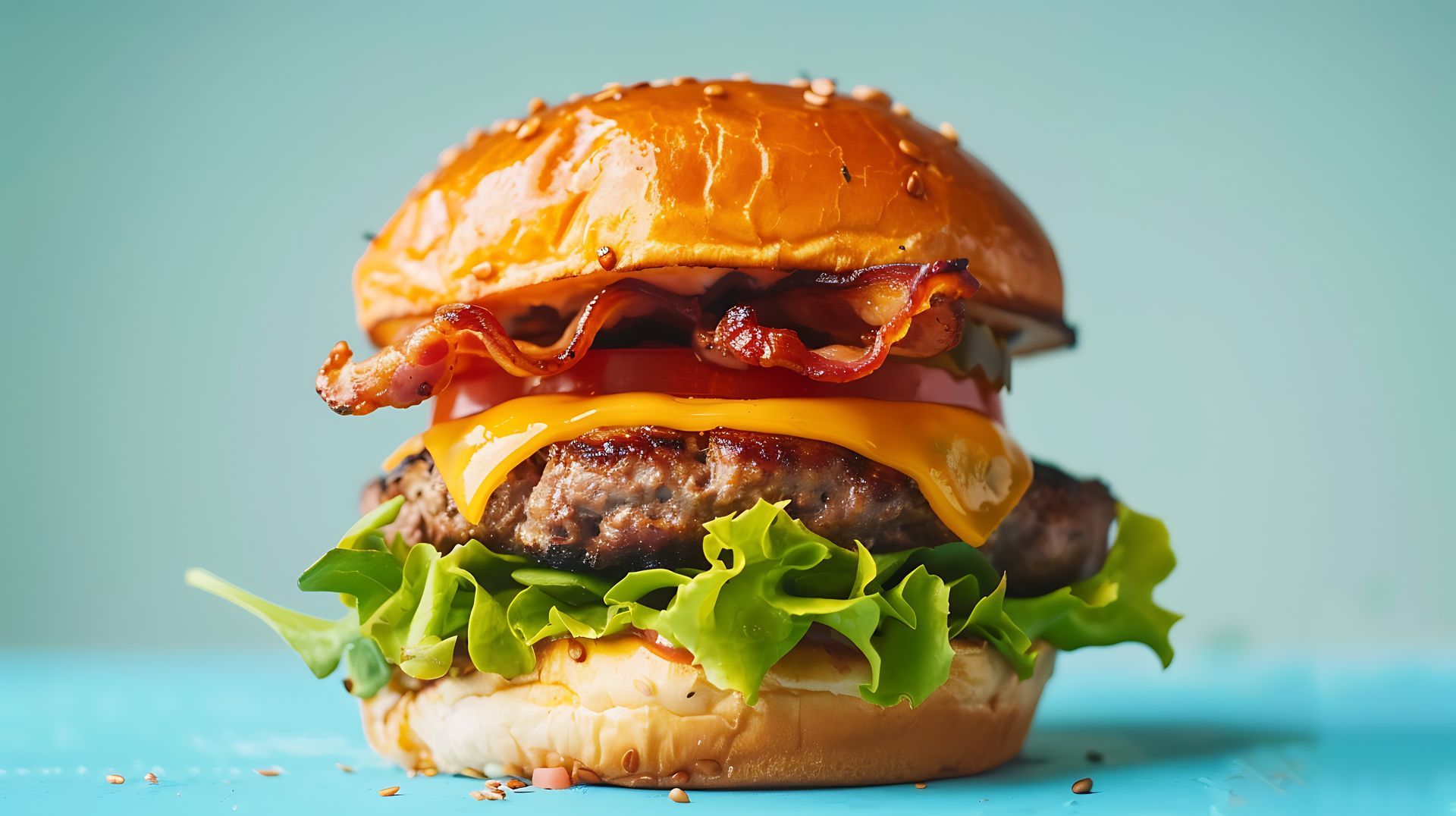 A close up of a hamburger on a blue table.
