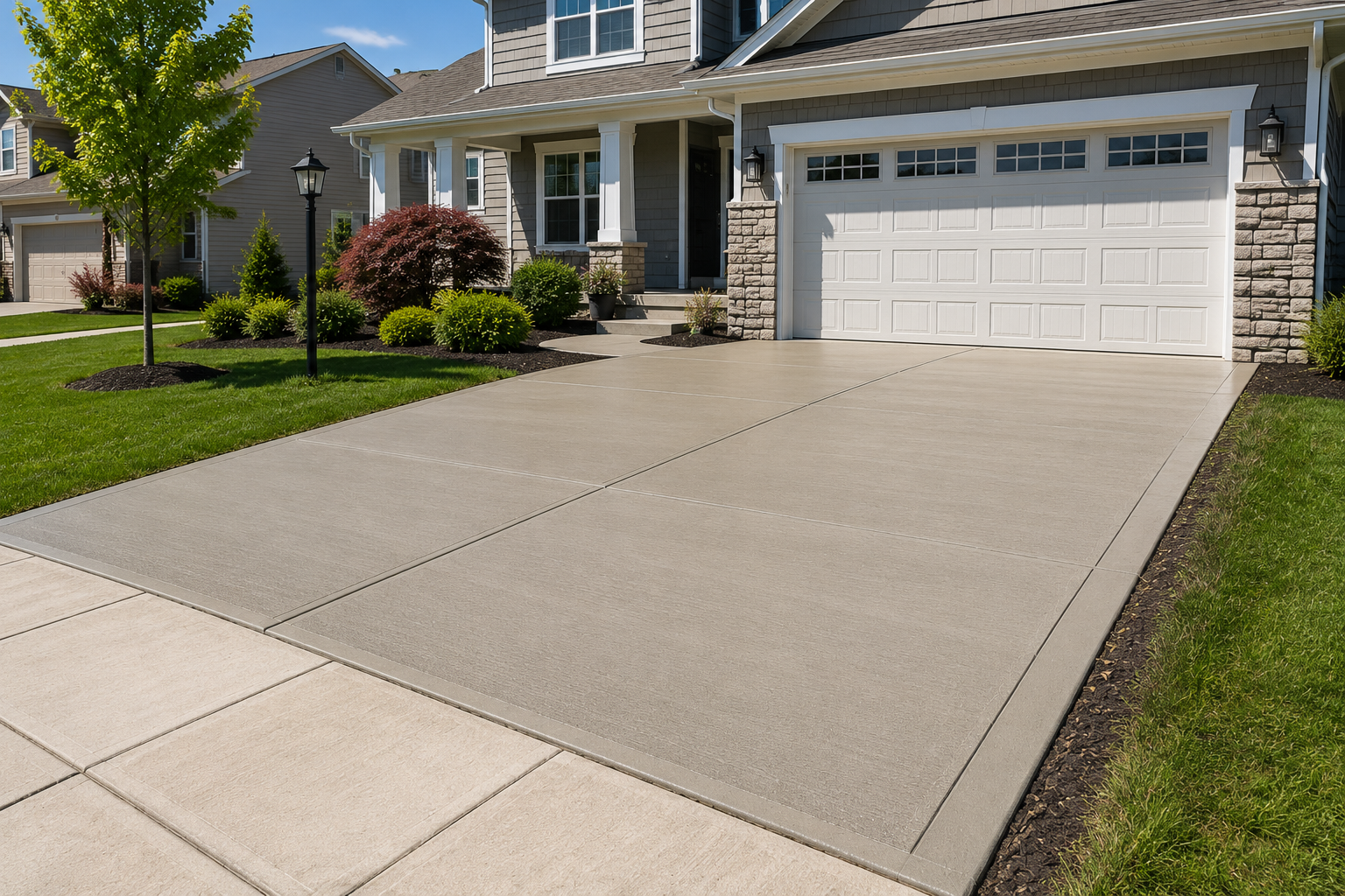 Gray suburban house with three-car garage, paved driveway, and leafless trees in a grassy yard