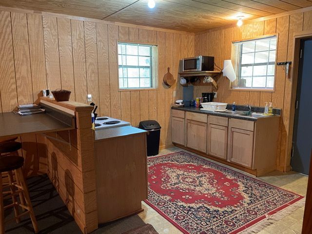 Small rustic kitchen with wood paneling, cabinets, stove, sink, windows, and a red patterned rug