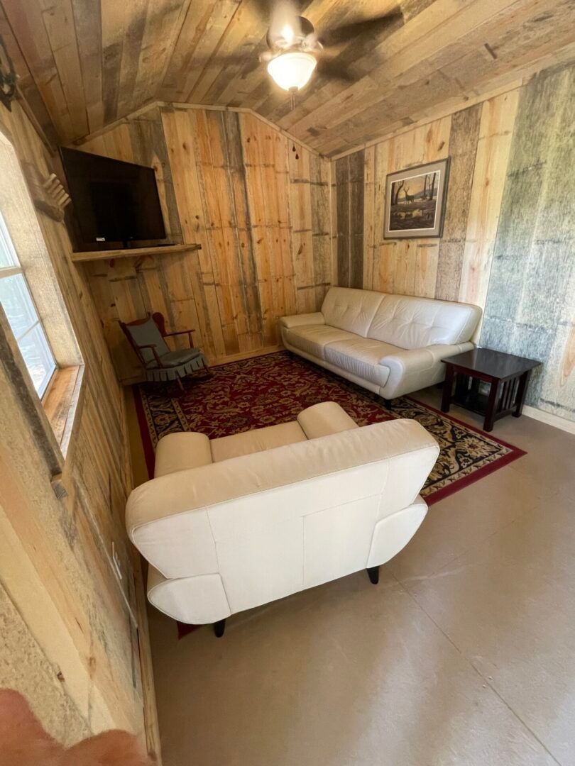 Small rustic living room with two cream sofas, red rug, wood-paneled walls, and a ceiling fan.