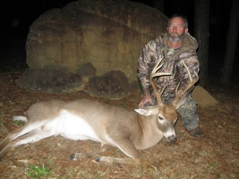Man in camouflage kneeling beside a deer at night in a wooded area
