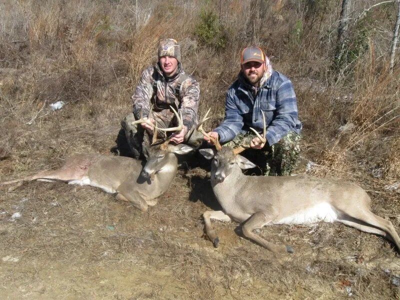 Two hunters kneel beside two deer in a dry grassy field, holding their antlers.