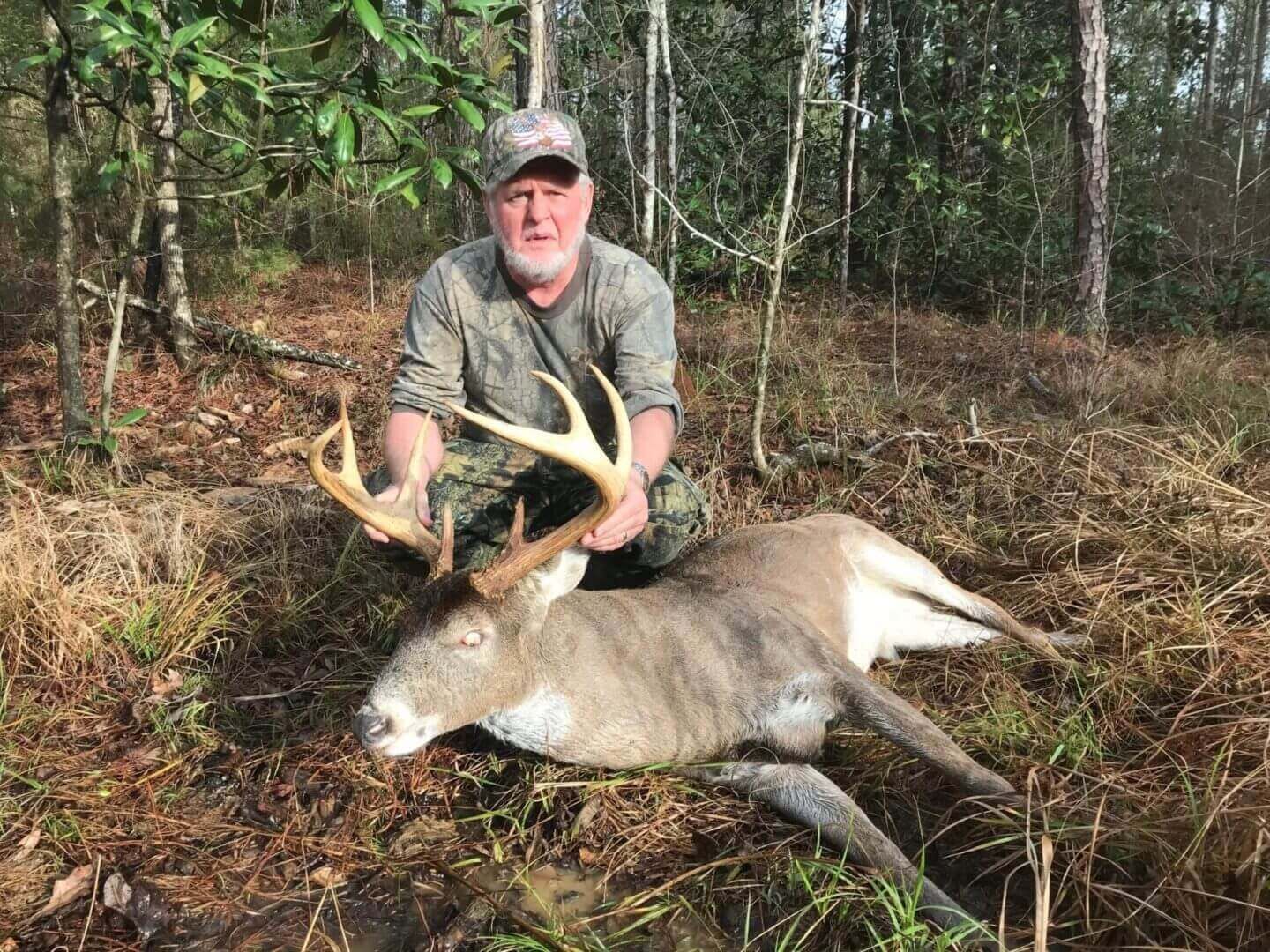 Man kneels beside a large deer with antlers in a wooded area.