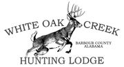 White Oak Creek Hunting Lodge logo with a deer and “Barbour County, Alabama” text