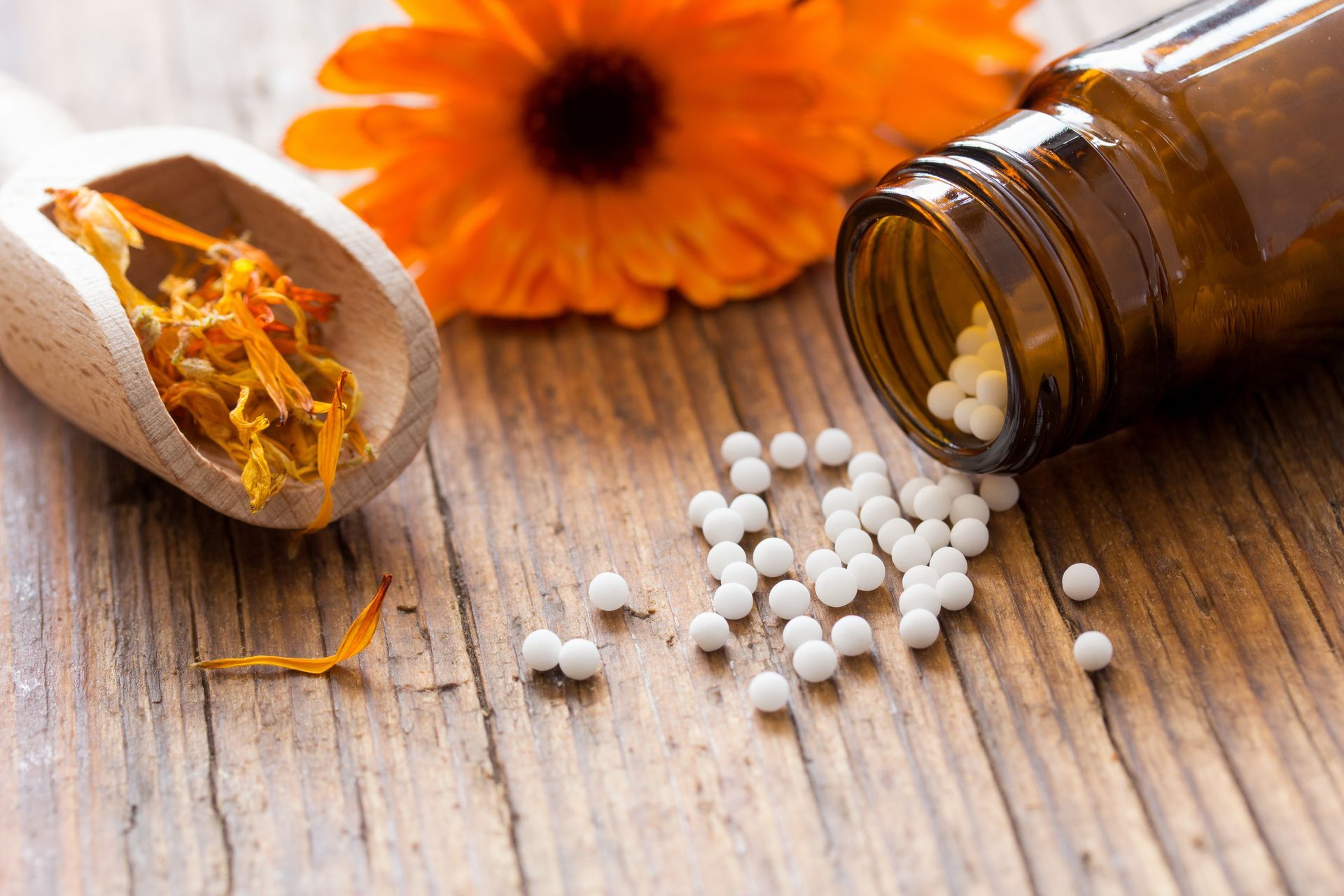 Fläschchen mit homöopathischen Arzneimitteln und weiße Kügelchen mit orangefarbenen Blüten auf einer Holzoberfläche