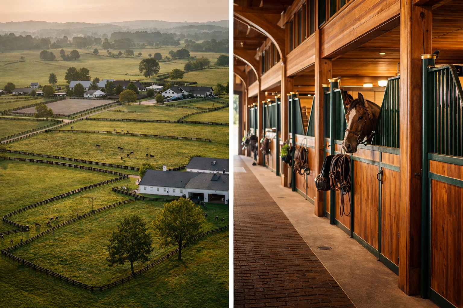 Split view of a green farm field and a row of horses in a warm wooden stable
