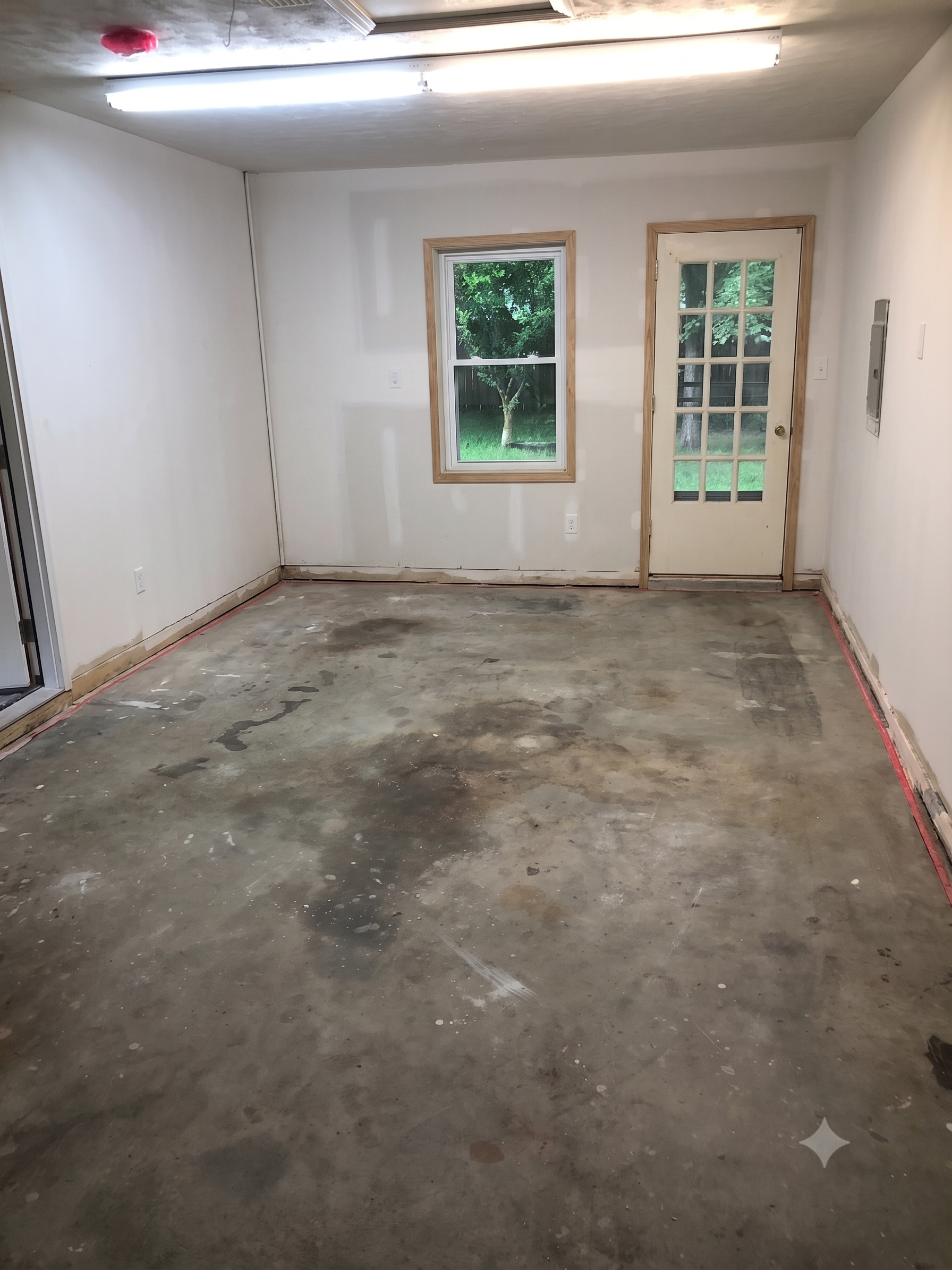 Empty unfinished room with concrete floor, white walls, two windows, and a glass door.