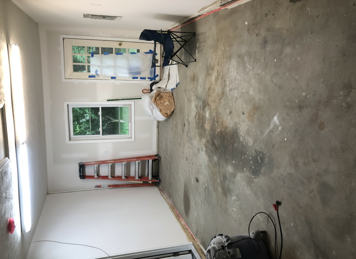 Empty garage interior with concrete floor, white walls, windows, a ladder, and stored items along the back wall
