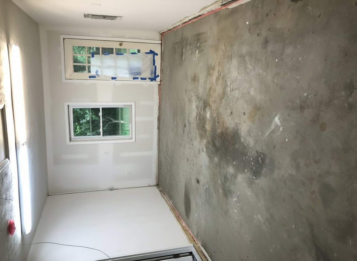 Partially renovated room with white walls, exposed concrete floor, and two windows